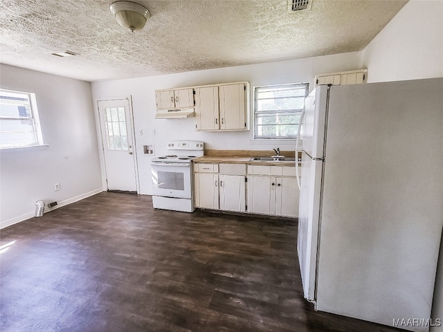 kitchen featuring white appliances, a textured ceiling, sink, and dark hardwood / wood-style flooring