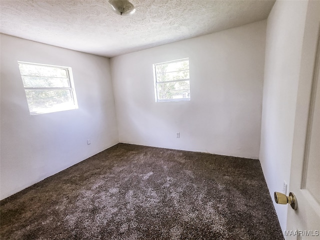 empty room with a textured ceiling and carpet floors