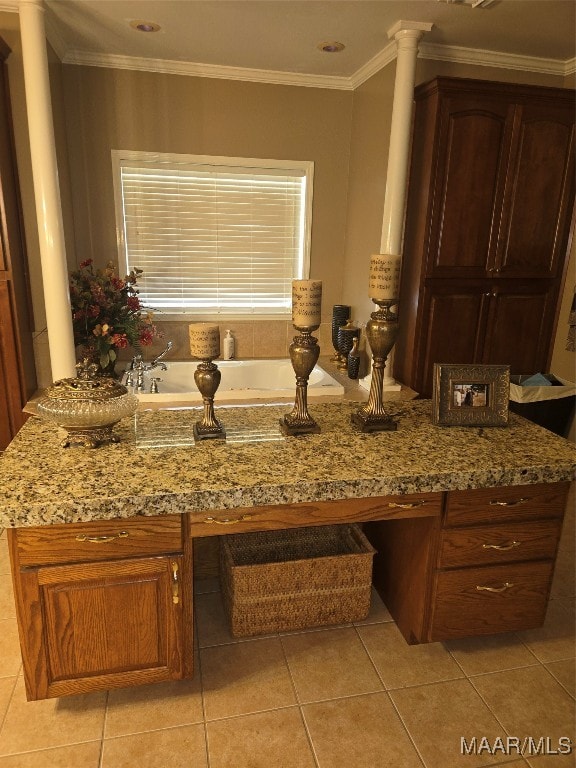 bathroom with ornamental molding, vanity, tile patterned flooring, and ornate columns