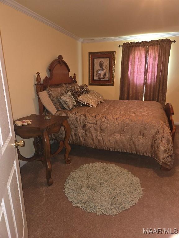 carpeted bedroom with crown molding