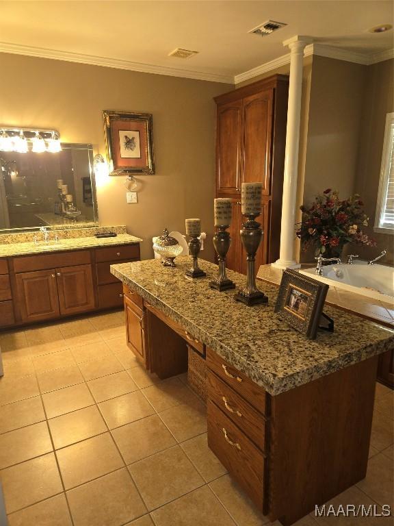 1715 County Road 2203rd Rd, Goshen, AL 36035 - bathroom featuring tile patterned floors, visible vents, crown molding, and decorative columns