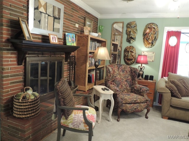 living area with crown molding, carpet flooring, and a brick fireplace