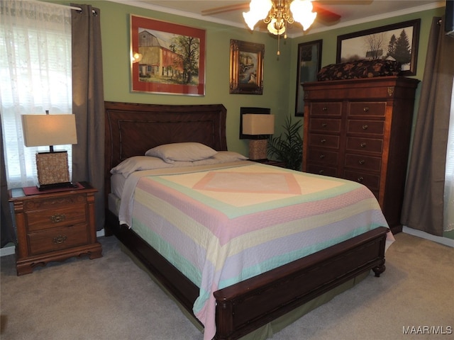 bedroom with light colored carpet and ceiling fan