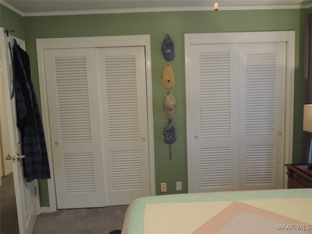 carpeted bedroom with ornamental molding and multiple closets