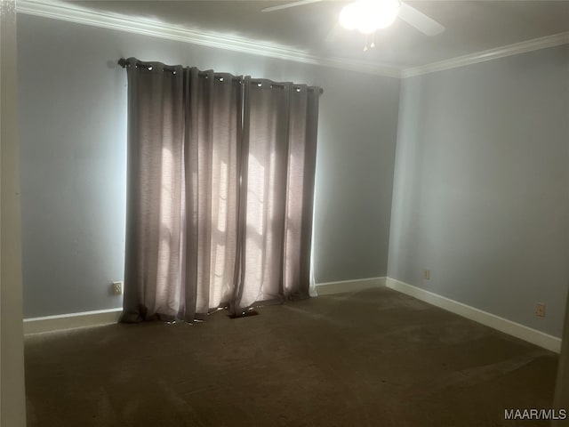 carpeted spare room with crown molding, radiator heating unit, and ceiling fan