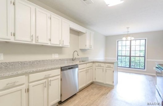 kitchen with pendant lighting, dishwasher, light hardwood / wood-style floors, a chandelier, and white cabinetry