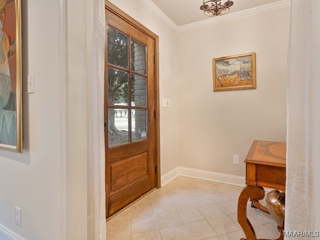 doorway featuring ornamental molding