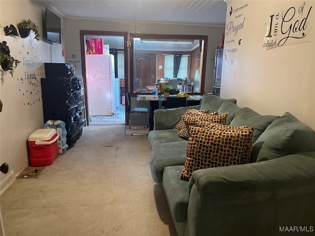 living room featuring crown molding