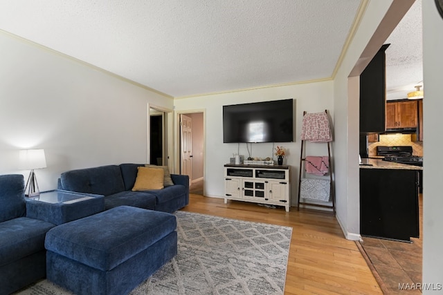 living room featuring wood-type flooring, a textured ceiling, and ornamental molding