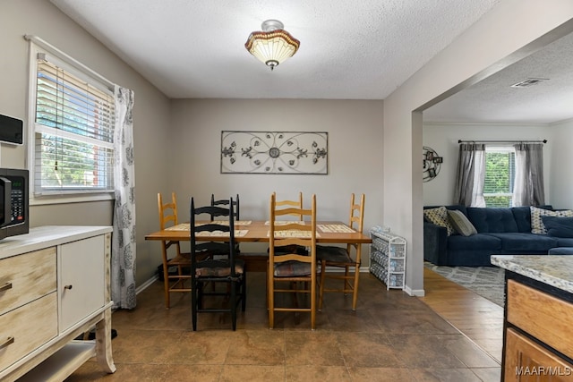 dining room with a textured ceiling, plenty of natural light, and dark hardwood / wood-style floors