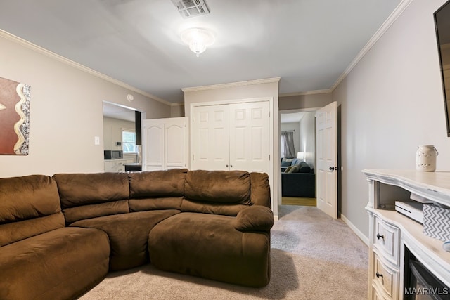 carpeted living room with crown molding