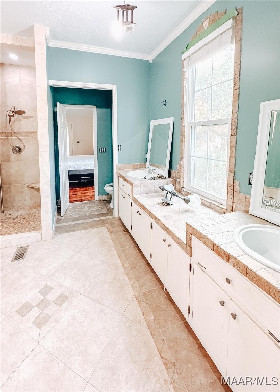 bathroom with a tile shower, crown molding, vanity, and toilet