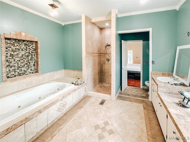 full bathroom with ornamental molding, shower with separate bathtub, vanity, and toilet