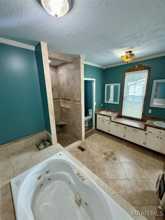 full bathroom featuring vanity, toilet, ornamental molding, plus walk in shower, and tile patterned flooring