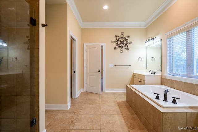 bathroom with crown molding, tile patterned flooring, vanity, and shower with separate bathtub