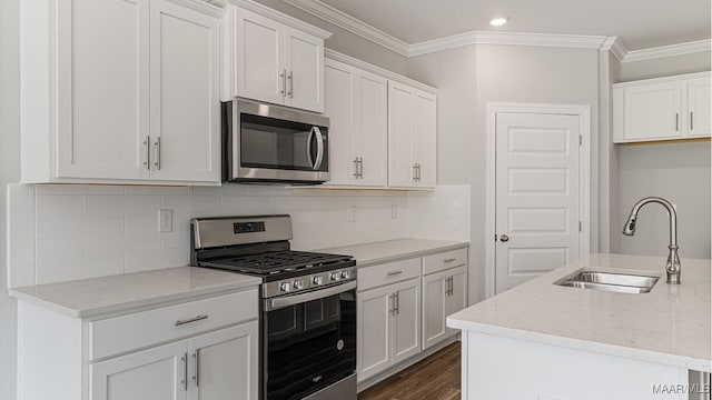 kitchen with white cabinetry, sink, light stone countertops, and appliances with stainless steel finishes