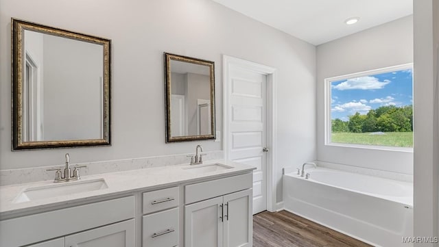 bathroom featuring vanity, wood-type flooring, and a tub