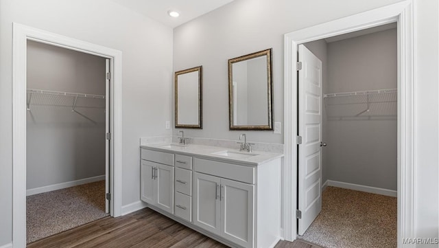 bathroom with hardwood / wood-style floors and vanity