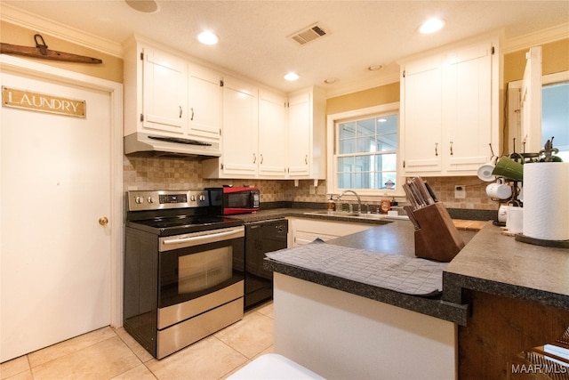 kitchen with white cabinets, ornamental molding, sink, black appliances, and decorative backsplash