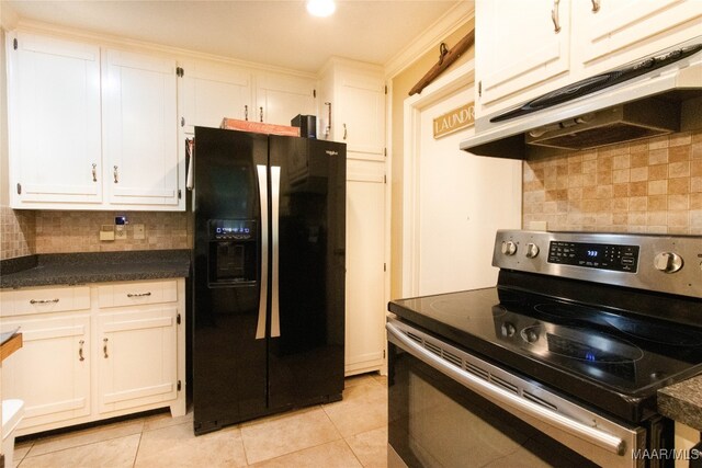 kitchen featuring black refrigerator with ice dispenser, white cabinetry, stainless steel range with electric cooktop, and light tile patterned flooring