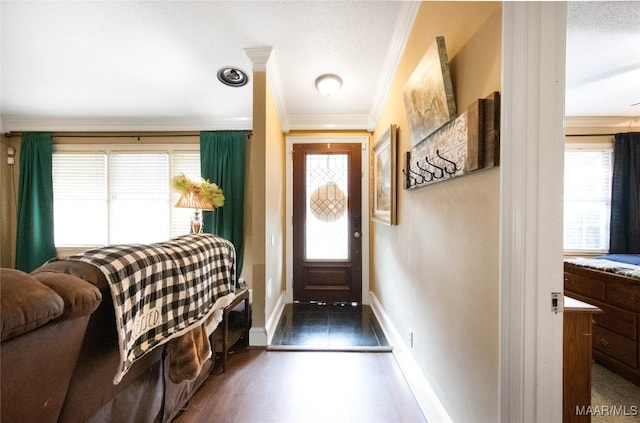 entryway with ornamental molding and dark wood-type flooring