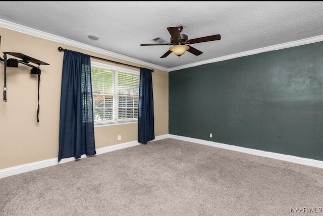 3033 Willow Lane Dr, Montgomery, AL 36109 - empty room with ceiling fan, carpet floors, ornamental molding, baseboards, and a textured ceiling