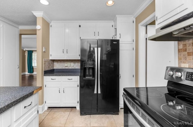 3033 Willow Lane Dr, Montgomery, AL 36109 - kitchen featuring black fridge with ice dispenser, electric range, under cabinet range hood, white cabinetry, and a textured ceiling