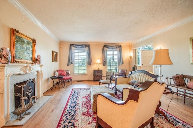 601 N Pickett St, Autaugaville, AL 36003 - living area with a high end fireplace, wood finished floors, ornamental molding, and a textured ceiling