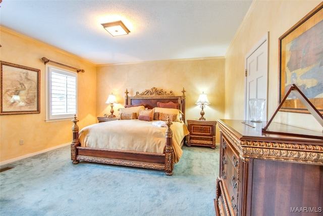 bedroom featuring carpet and crown molding