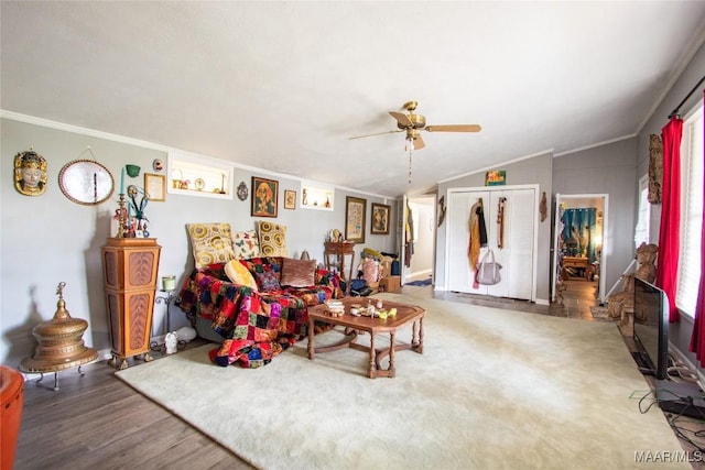601 N Pickett St, Autaugaville, AL 36003 - living room with lofted ceiling, crown molding, wood finished floors, and a ceiling fan