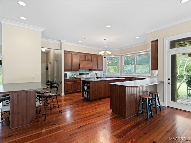 kitchen featuring decorative light fixtures, kitchen peninsula, dark hardwood / wood-style floors, and a breakfast bar