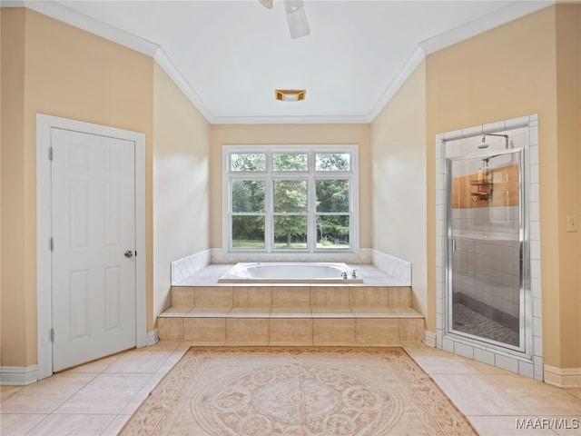 bathroom with ceiling fan, separate shower and tub, and ornamental molding