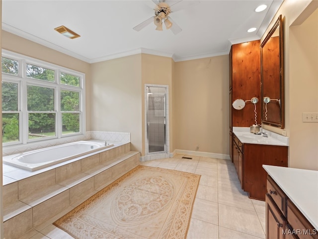 bathroom featuring vanity, tile patterned flooring, ceiling fan, shower with separate bathtub, and ornamental molding