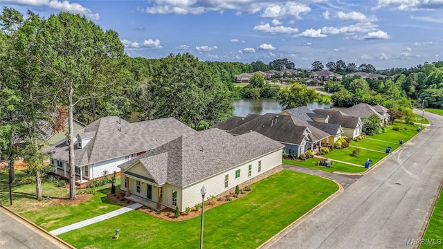 drone / aerial view featuring a water view