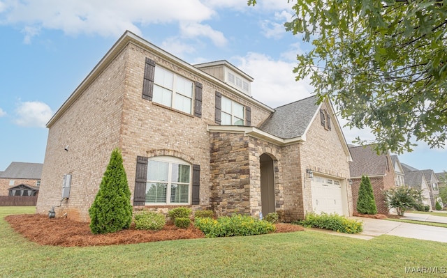 view of front facade with a garage and a front lawn