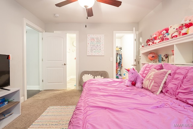 carpeted bedroom featuring ceiling fan