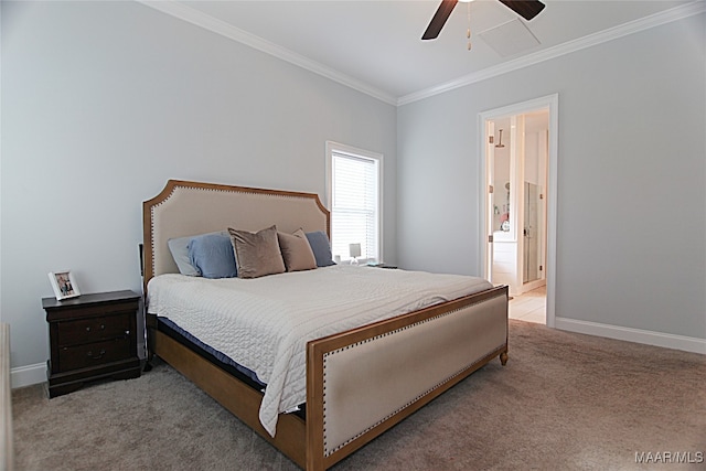 carpeted bedroom with ceiling fan, connected bathroom, and ornamental molding