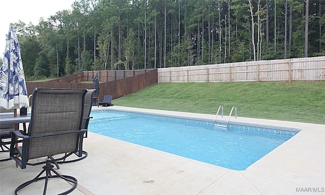 view of pool featuring a yard and a patio