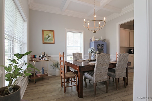 dining area featuring ornamental molding, coffered ceiling, light hardwood / wood-style flooring, and a chandelier