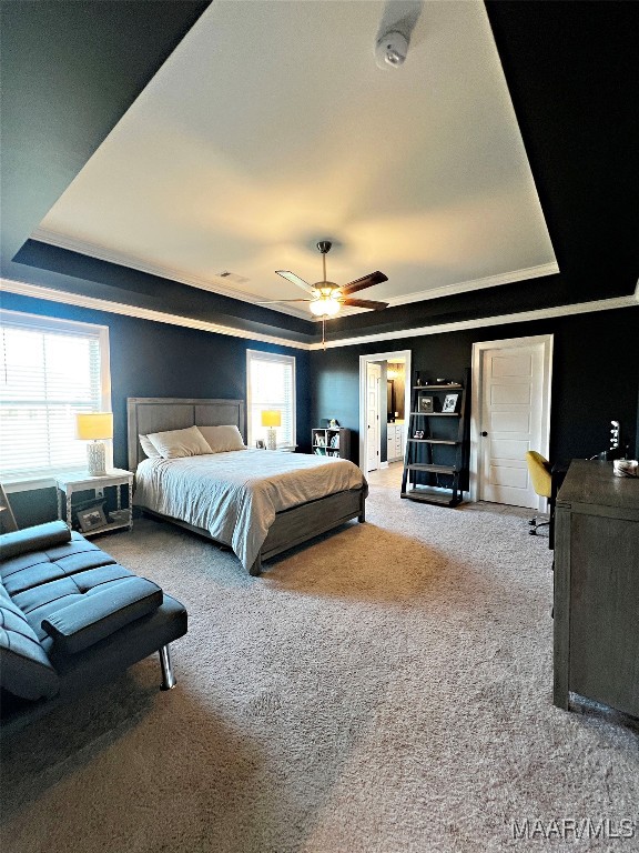 bedroom featuring ceiling fan, a raised ceiling, and carpet