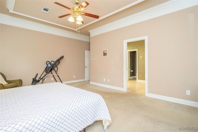 bedroom featuring light carpet, ceiling fan, and ornamental molding