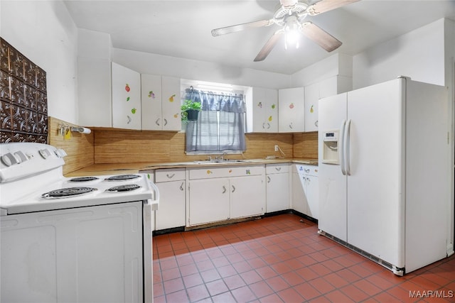 kitchen with ceiling fan, white cabinets, sink, white appliances, and backsplash