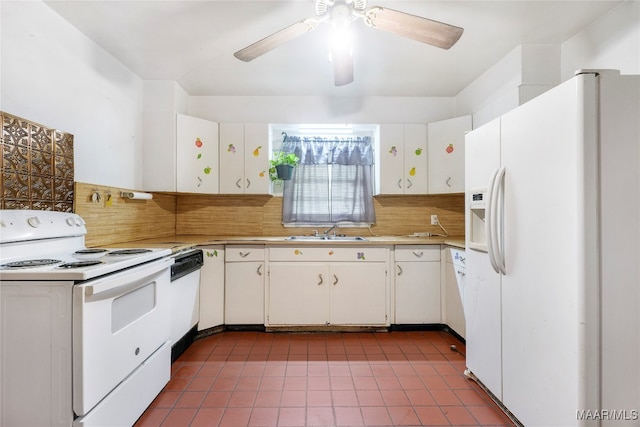 kitchen featuring tasteful backsplash, sink, white cabinets, white appliances, and ceiling fan