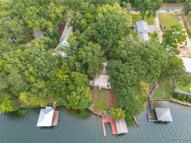 drone / aerial view featuring a water view