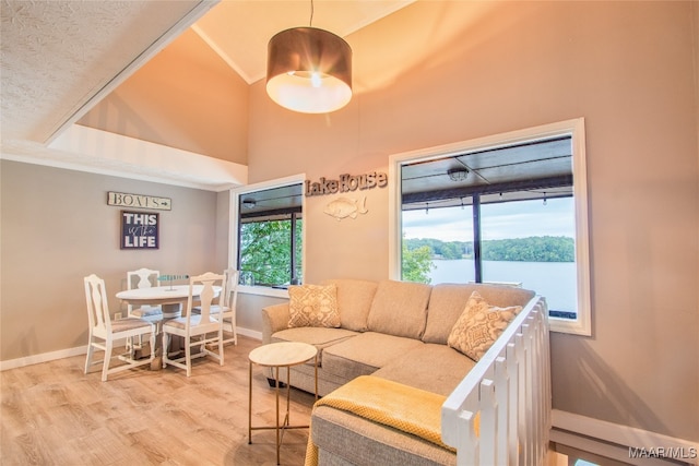 living room with light hardwood / wood-style flooring, a wealth of natural light, and a water view