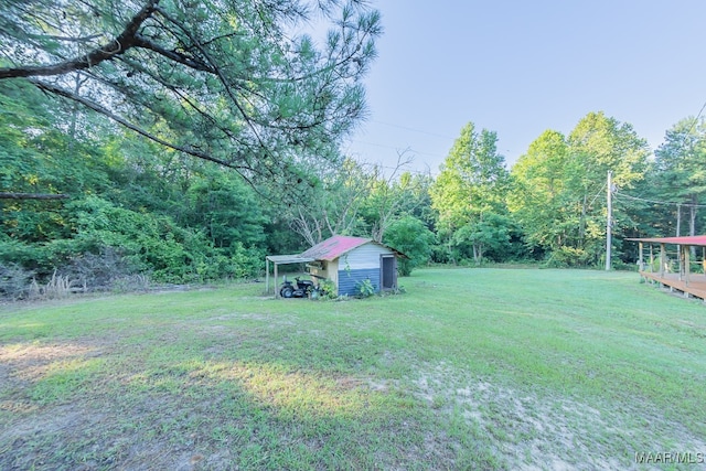 view of yard with a storage shed