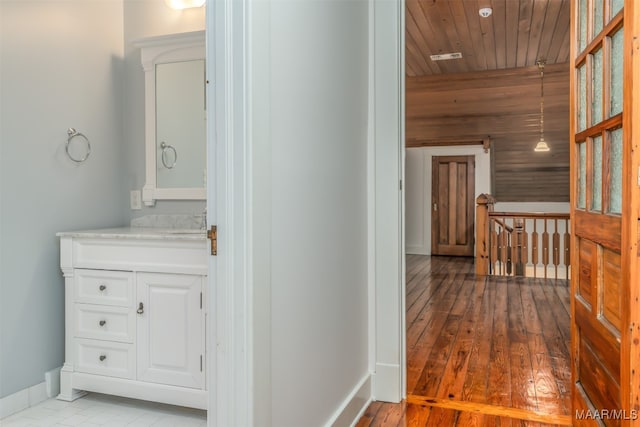 hall featuring sink, wood ceiling, and light hardwood / wood-style floors