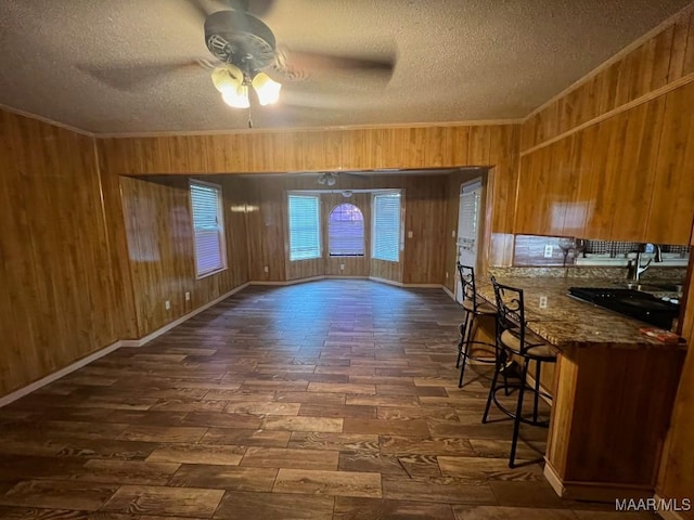 4512 Delray Rd, Montgomery, AL 36116 - kitchen featuring ornamental molding, wooden walls, dark wood-type flooring, a textured ceiling, and a ceiling fan