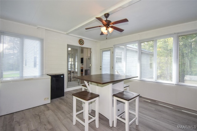 kitchen with ceiling fan, a breakfast bar area, wood-type flooring, and a wealth of natural light