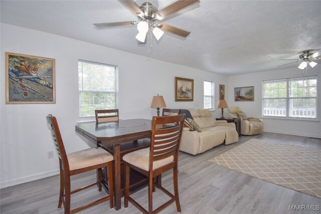 dining area with light hardwood / wood-style floors, ceiling fan, and a textured ceiling